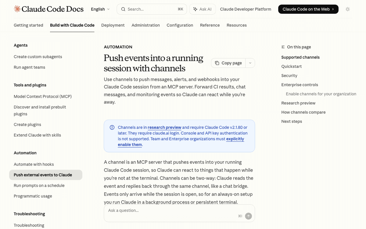 Claude Code Channels official documentation