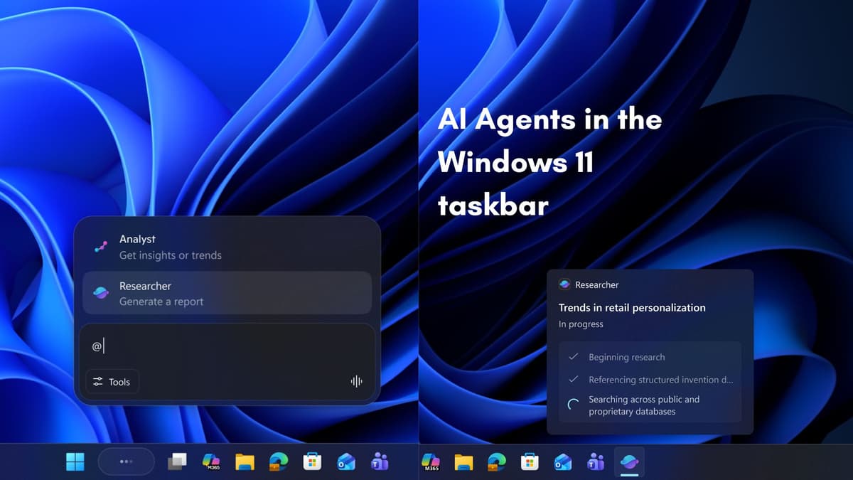 Windows 11 작업표시줄에 노출된 AI 에이전트 아이콘과 검색 박스의 '@' 호출 화면 스크린샷