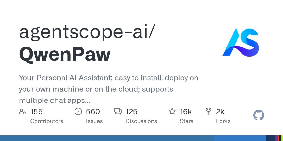agentscope-ai/QwenPaw GitHub OG card — 16,200 stars self-hosted personal agent