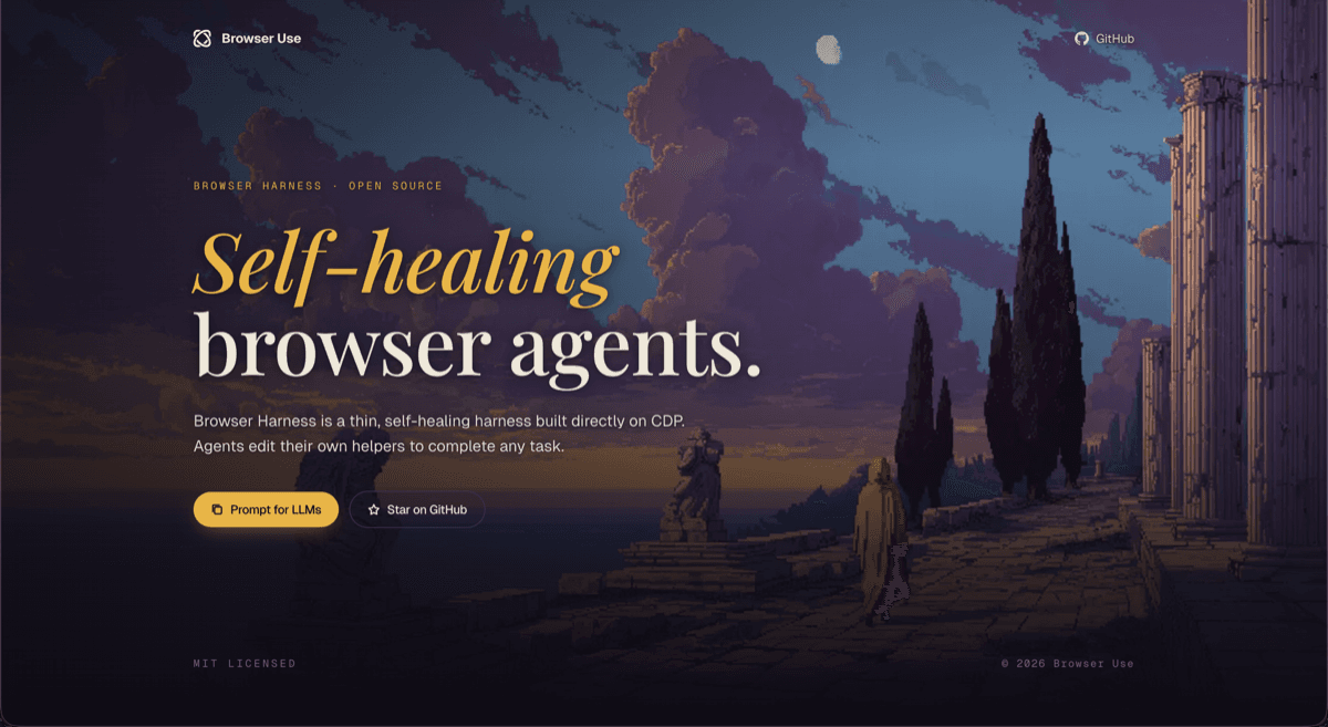 browser-use/browser-harness GitHub 레포지토리 — self-healing CDP 하니스