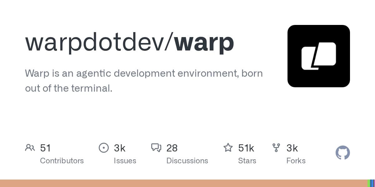 warpdotdev/warp GitHub OG card — 51,000 stars Rust modern terminal