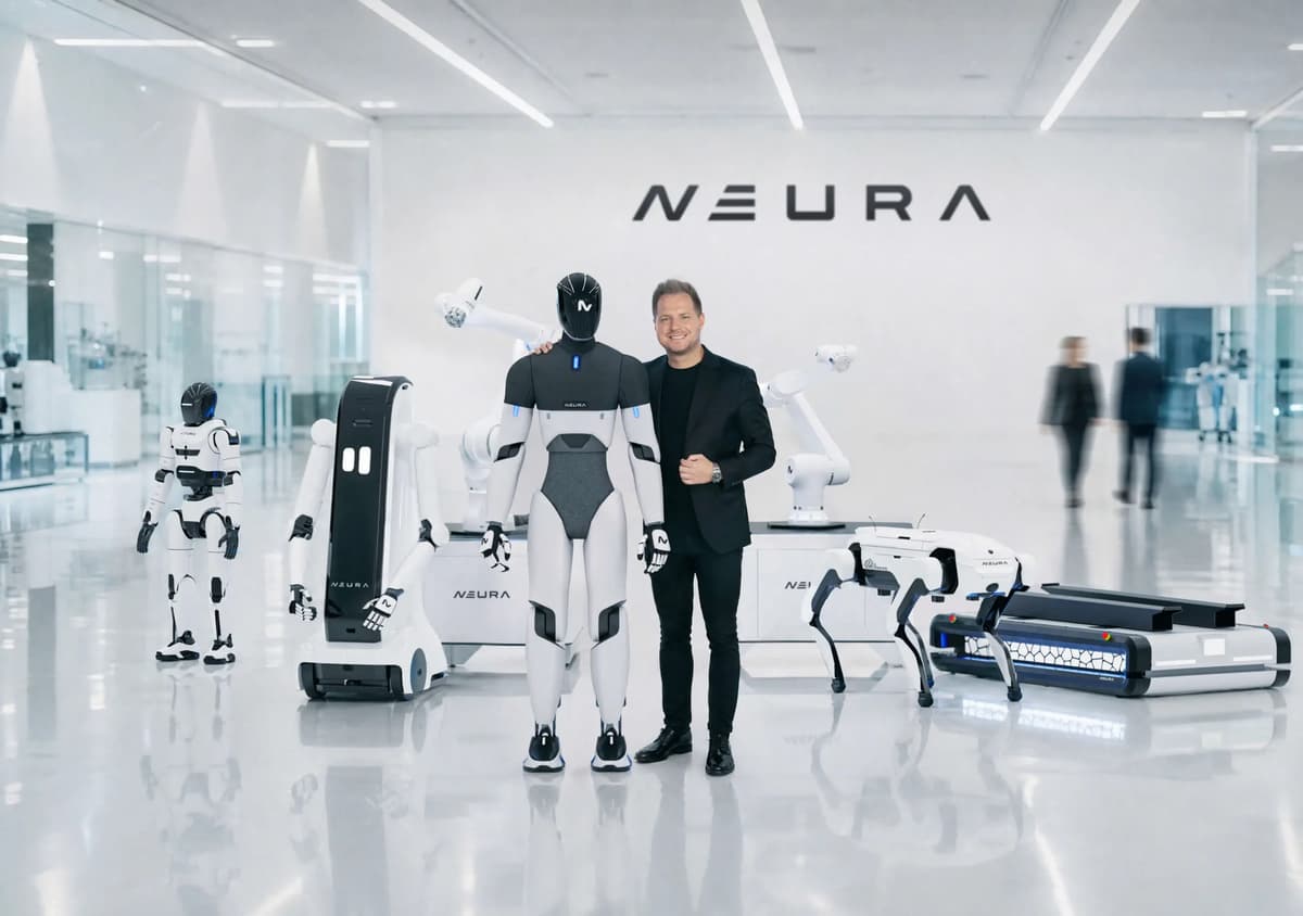 NEURA Robotics founder David Reger with the company's humanoid, quadruped and robot-arm lineup