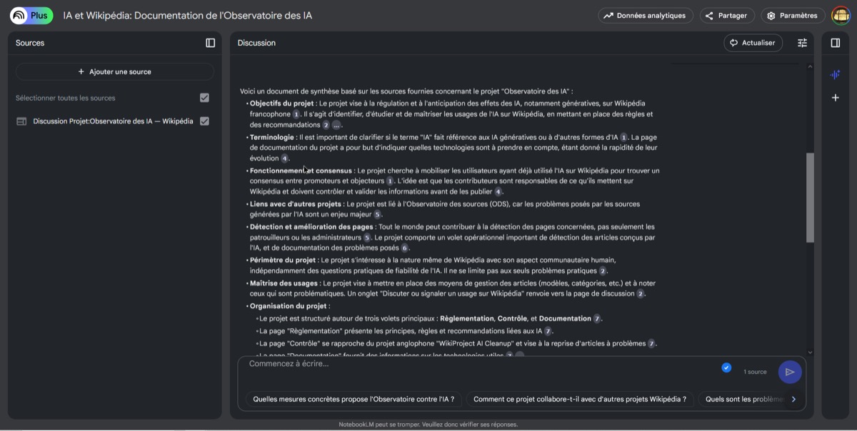 NotebookLM interface — source-grounded research shown in the Observatoire AI deployment