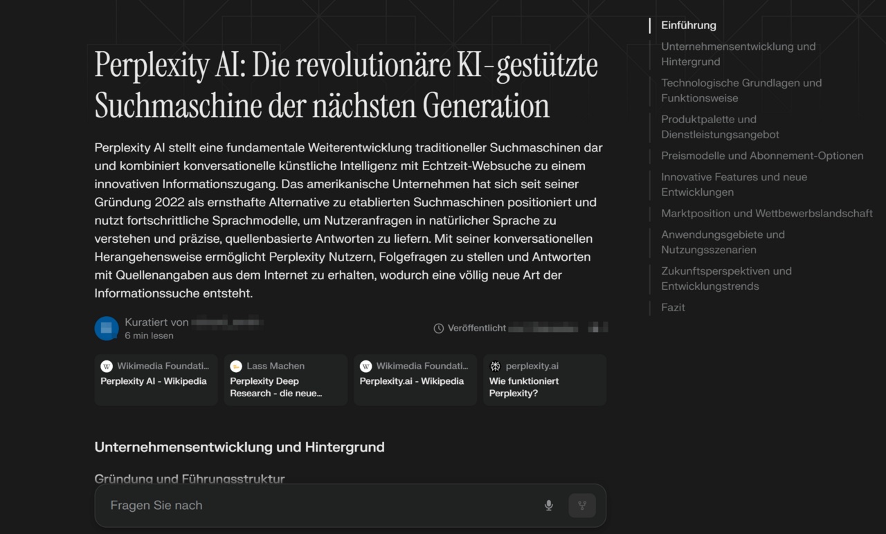 Perplexity Page screenshot — UI integrating source citations with agent invocations