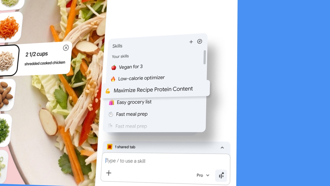 Google Chrome Skills — Gemini sidebar with a list of saved prompts