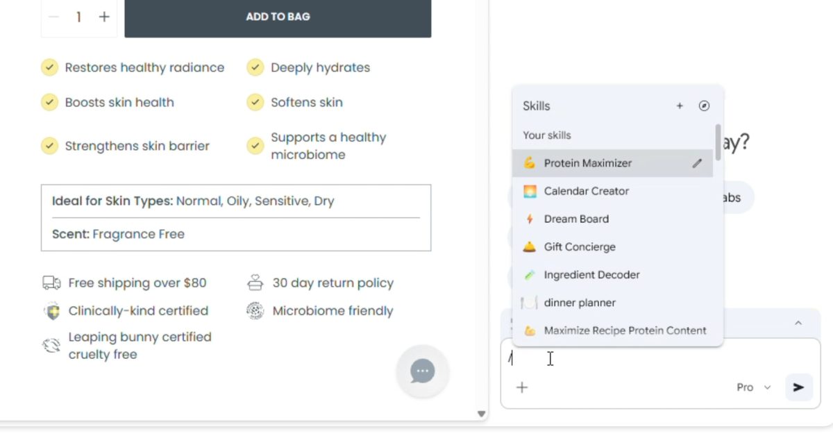 Chrome Skills demo UI — prompt save and execution flow